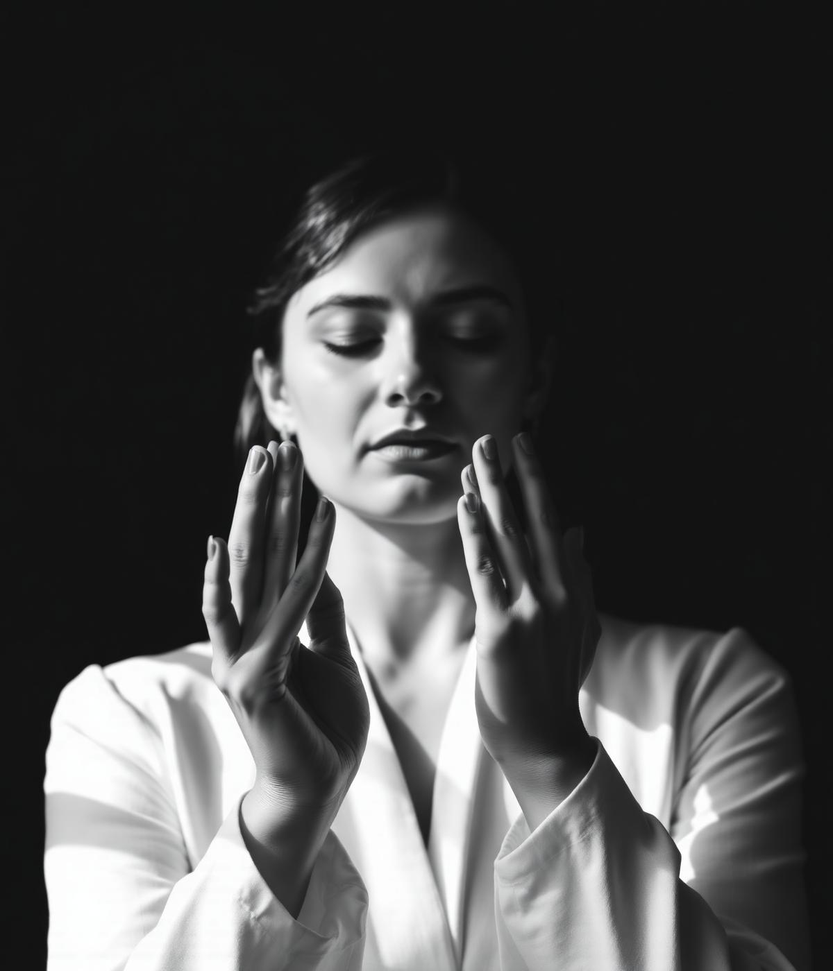Portrait — hands in prayer, meditative light