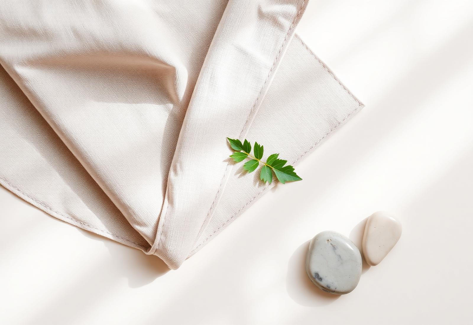 Folded linen mat with alder leaf and river stones