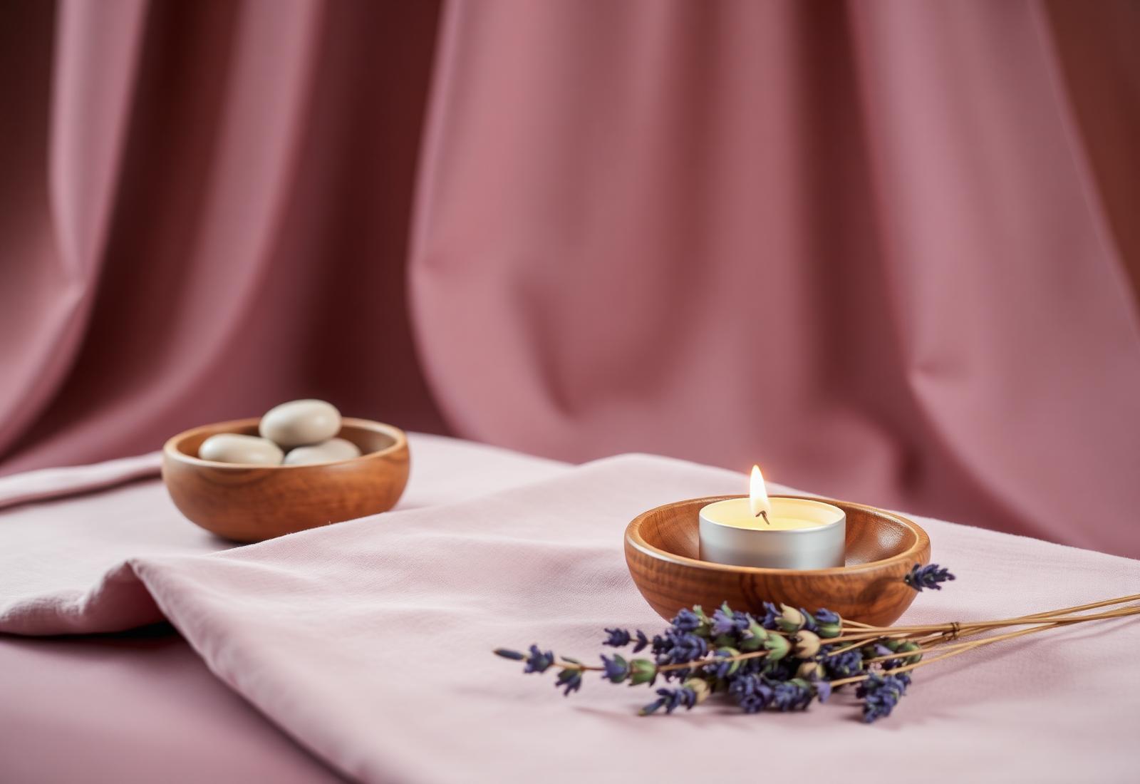 Serene therapy space with candle and lavender